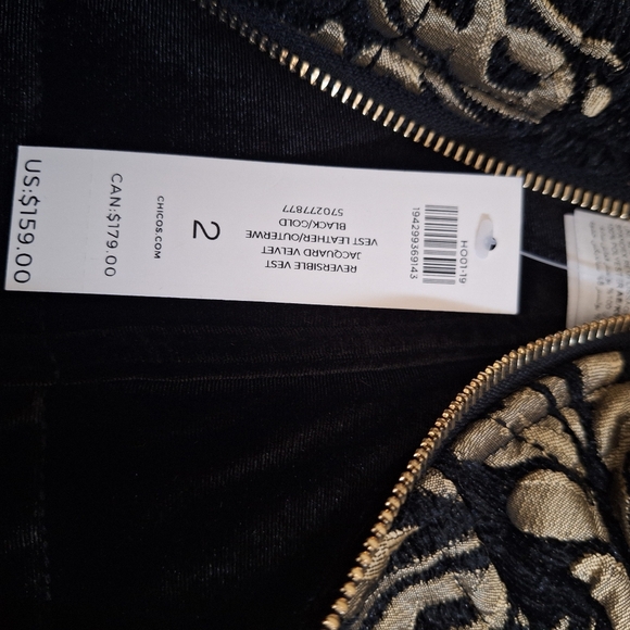 NWT Chico’s Size 2 Black Velvet to Gold Jacquard REVERSIBLE Quilted Vest( LG/12) - Picture 5 of 11